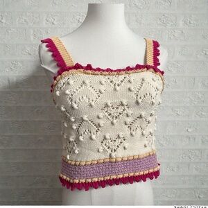 Zara Knit Crochet Boho Crop Tank Cream Pink Textured Cottagecore M
